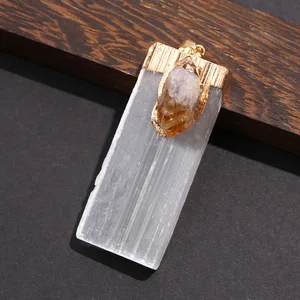 Natürlicher rohes Selenit Unglaublich Amethyst Citrine Flat Rechteck Pingent, Reiki -Heilungskristalle, dürftiger Deckel 12 Hauptverkaufsanhänger Selenit - №3