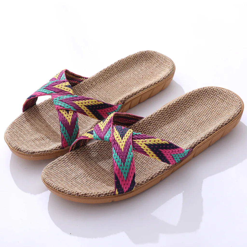 Women\'s Shoes Home Slip On Slides Beach Casual Fashion Multi Color Linen Cross Belt Non-slip Indoor Slippers  Women\'s slipper