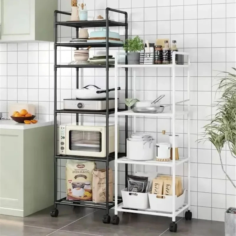 Floor-Standing Microwave Storage Rack Kitchen Storage Rack With Pulley Trolley Punch-Free Easy To Assemble Kitchen Shelves Racks