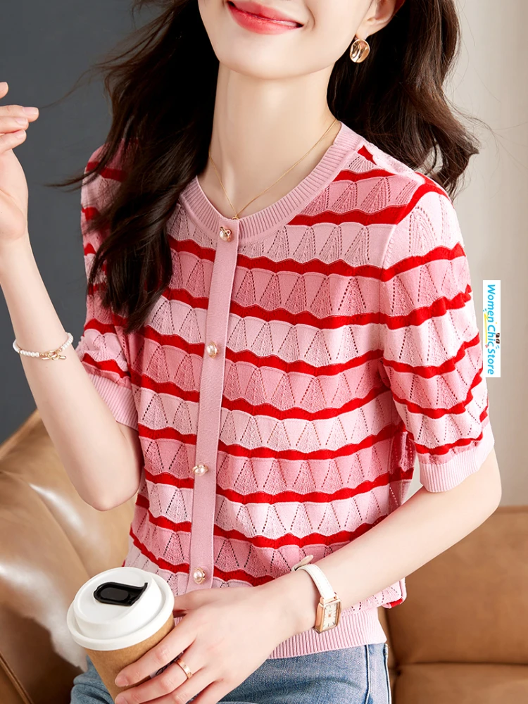 

Colorful Striped Short Sleeve O-neck Kniteed Sweater T Shirts Cardigan 2024 Summer Elegant Slim Thin Knitwear Women Tops A2500