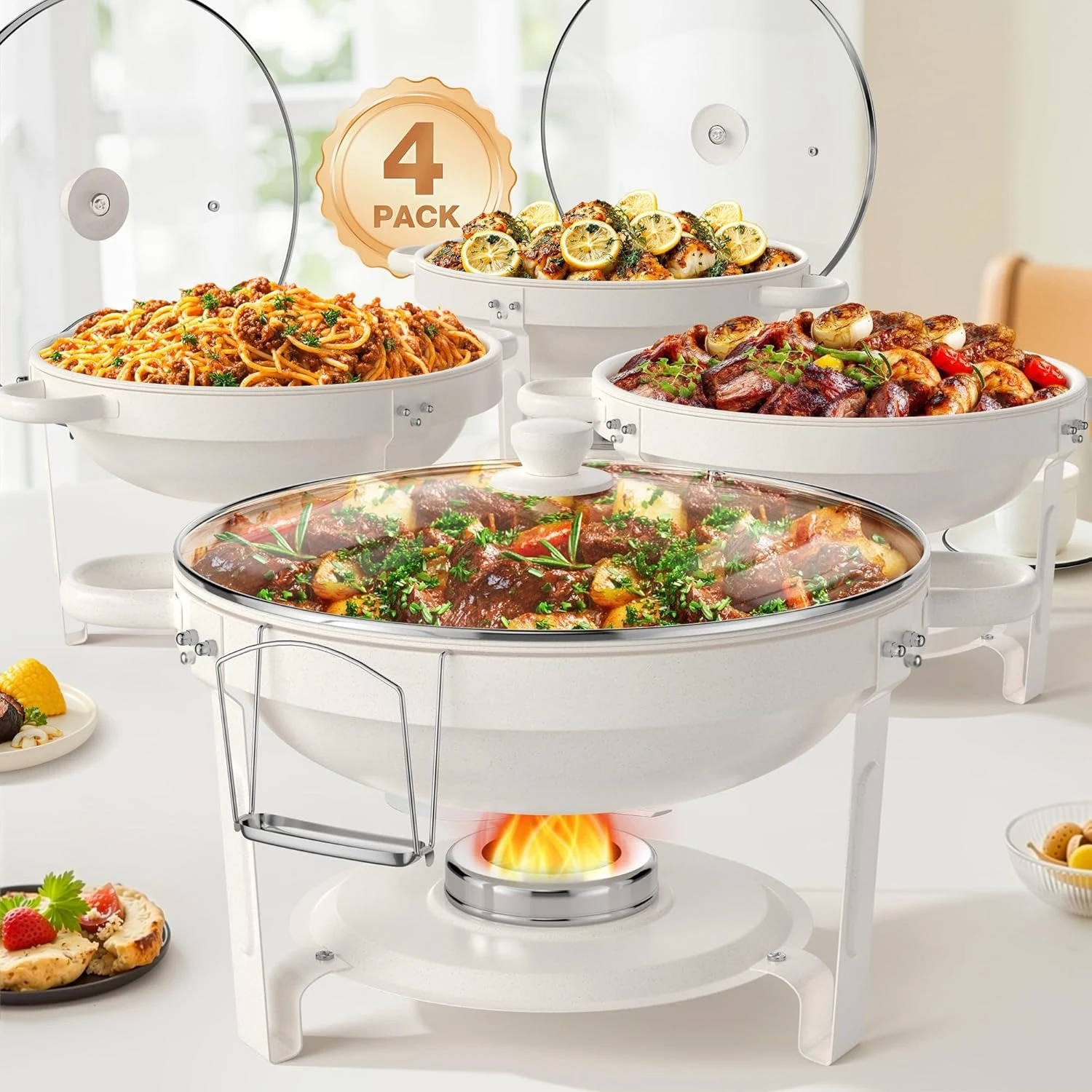

White Chafing Dishes for Buffet with Glass Lid (5QT, 1-2-4Pack), Stackable, Lid Holder for Party, Wedding