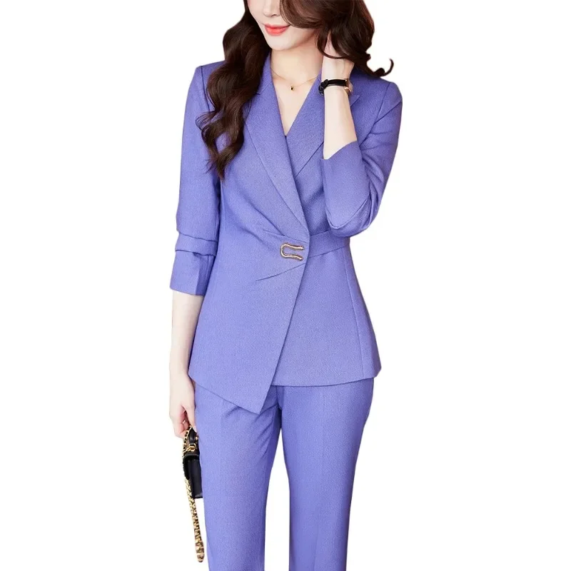 Elegant Pink Purple Black White Ladies Pant Suit Women Female Business Work Wear Jacket and Trouser Blazer 2 Piece Set