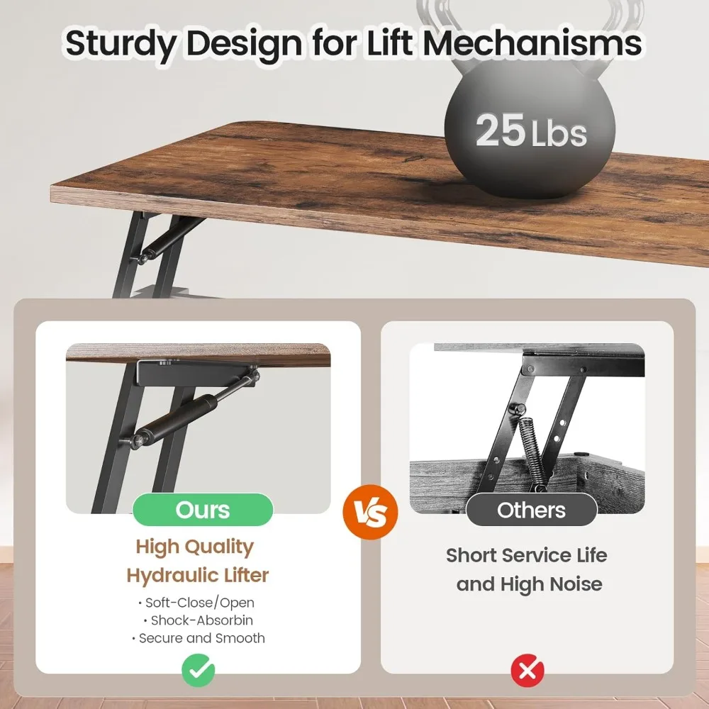 Mesa de centro elevatória de 31,5" com armazenamento, mesa de centro quadrada para sala de estar, mesa de centro de fazenda com grande