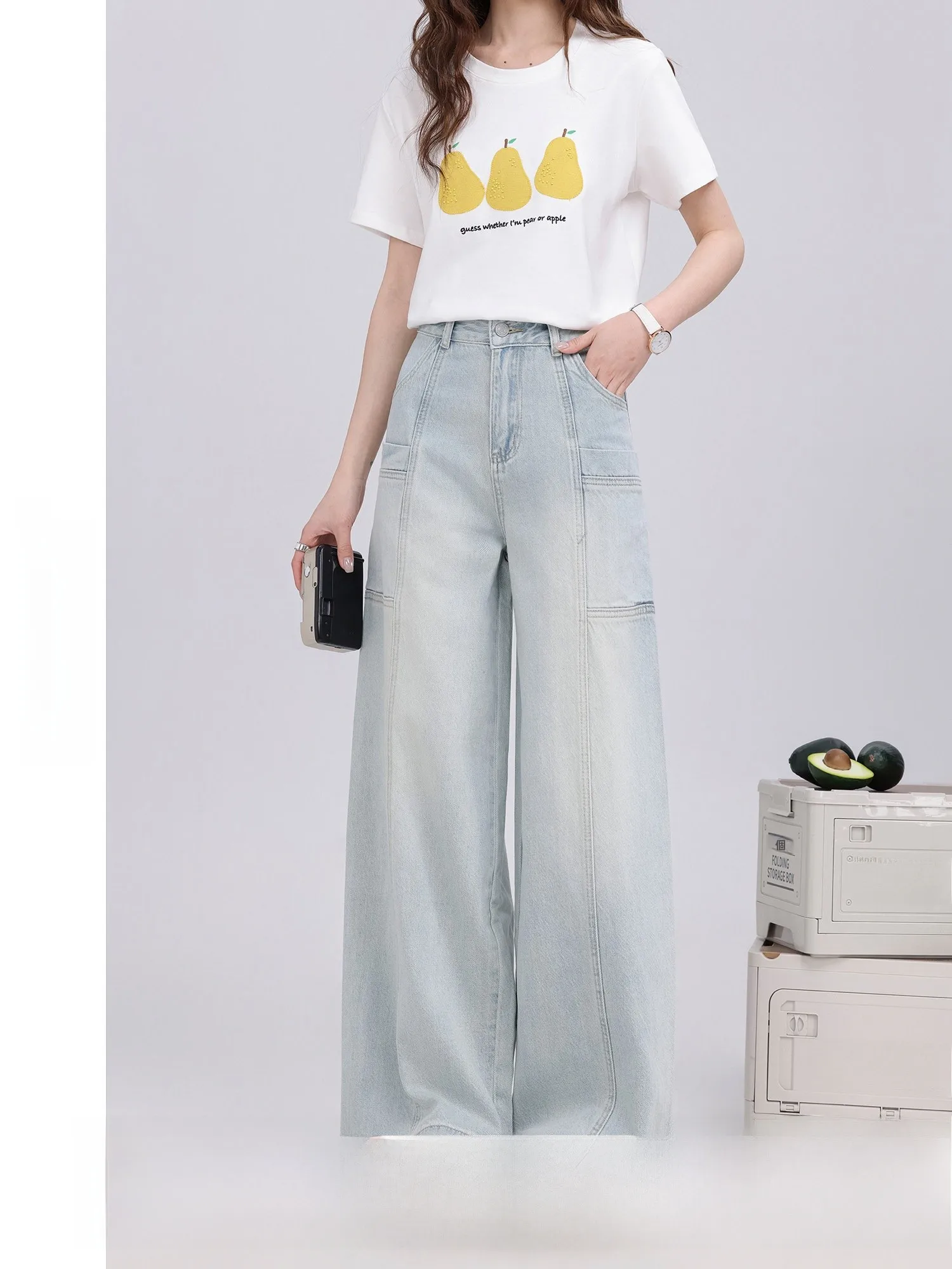 

Washed Pastoral Thin Blade Jeans High Waist Wide Leg Denim Skinnier Retro Light Blue Summer New Arrival Women's Casual Pants