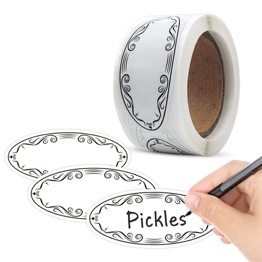 150pcs Oval White Writable Labels for Food Jar Classification Organization with Black Artistic Border Sticker Roll Kitchen Label