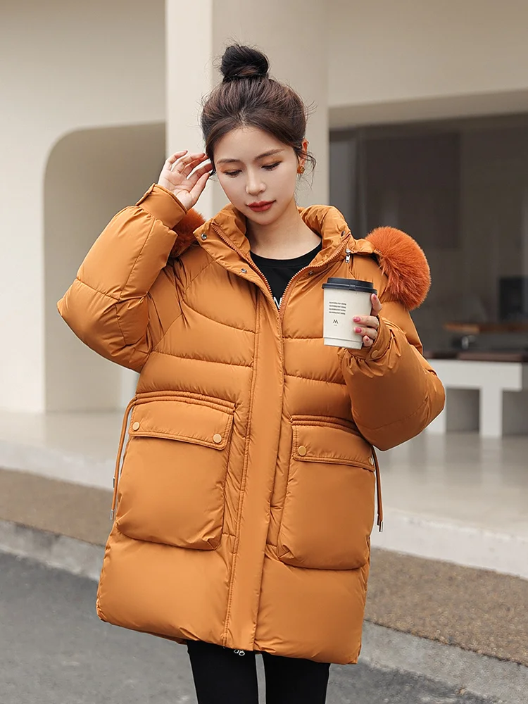 Vielleicht-Parkas largas acolchadas de algodón para mujer, chaqueta con capucha extraíble con Cuello de piel grande, abrigo a prueba de viento, ropa