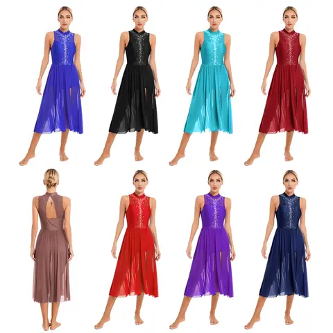 Damklänning med strass, ärmlös, transparent mesh, balettdräkt, modern lyrisk dans, kostymer 6 best sales isdansklänning - №1