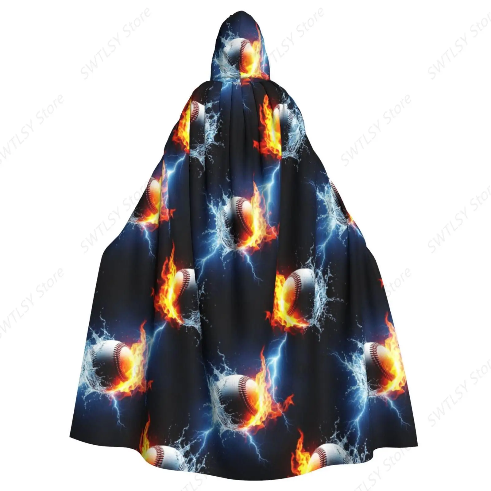 Halloween Wizard Cape Costume Hooded Cloak Compatible with Ice Water Fire Lightning Baseball Ball for Women Men