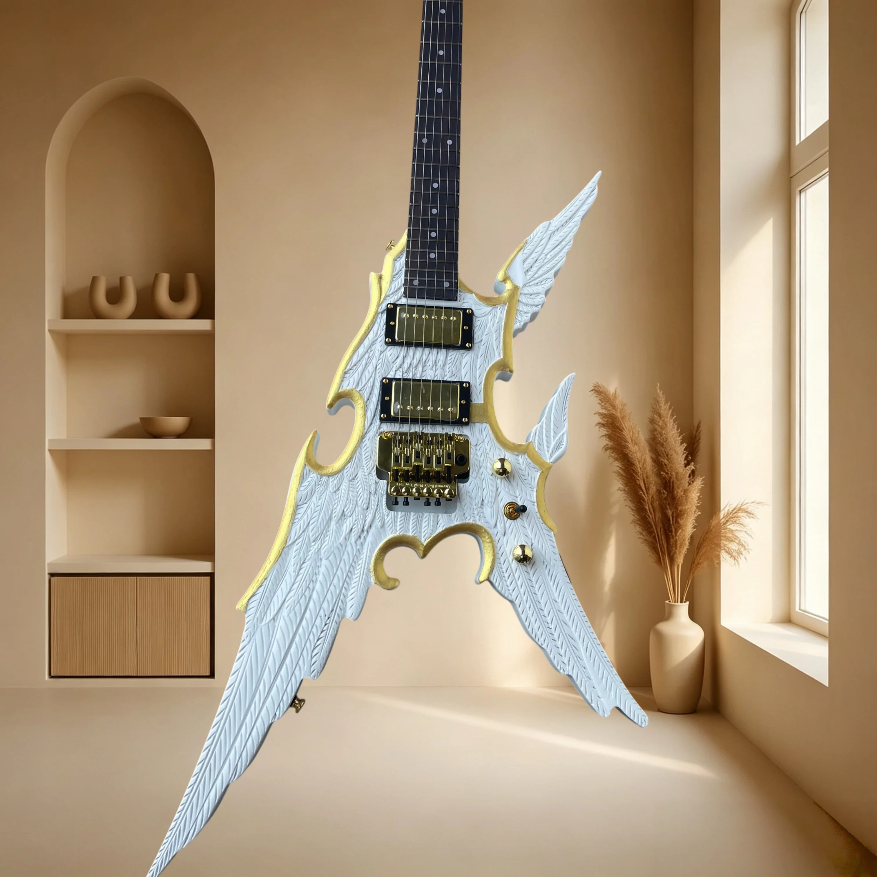 Angel Wing Shape Electric Guitar White Feather Carving Gold Double Tremolo Metal Rock Performance Guitar Free Shipping