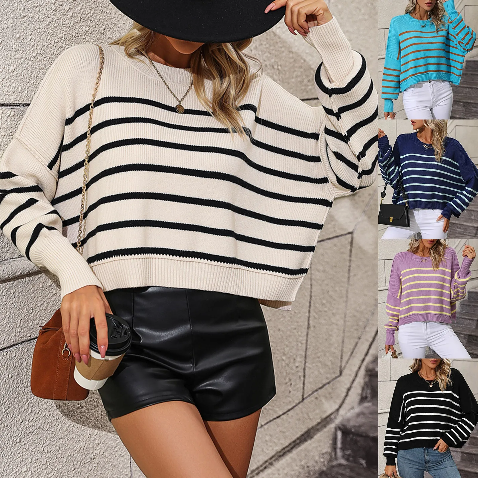 Ladies Round Neck Long Sleeve Knit Loose Pullover Striped Sweater