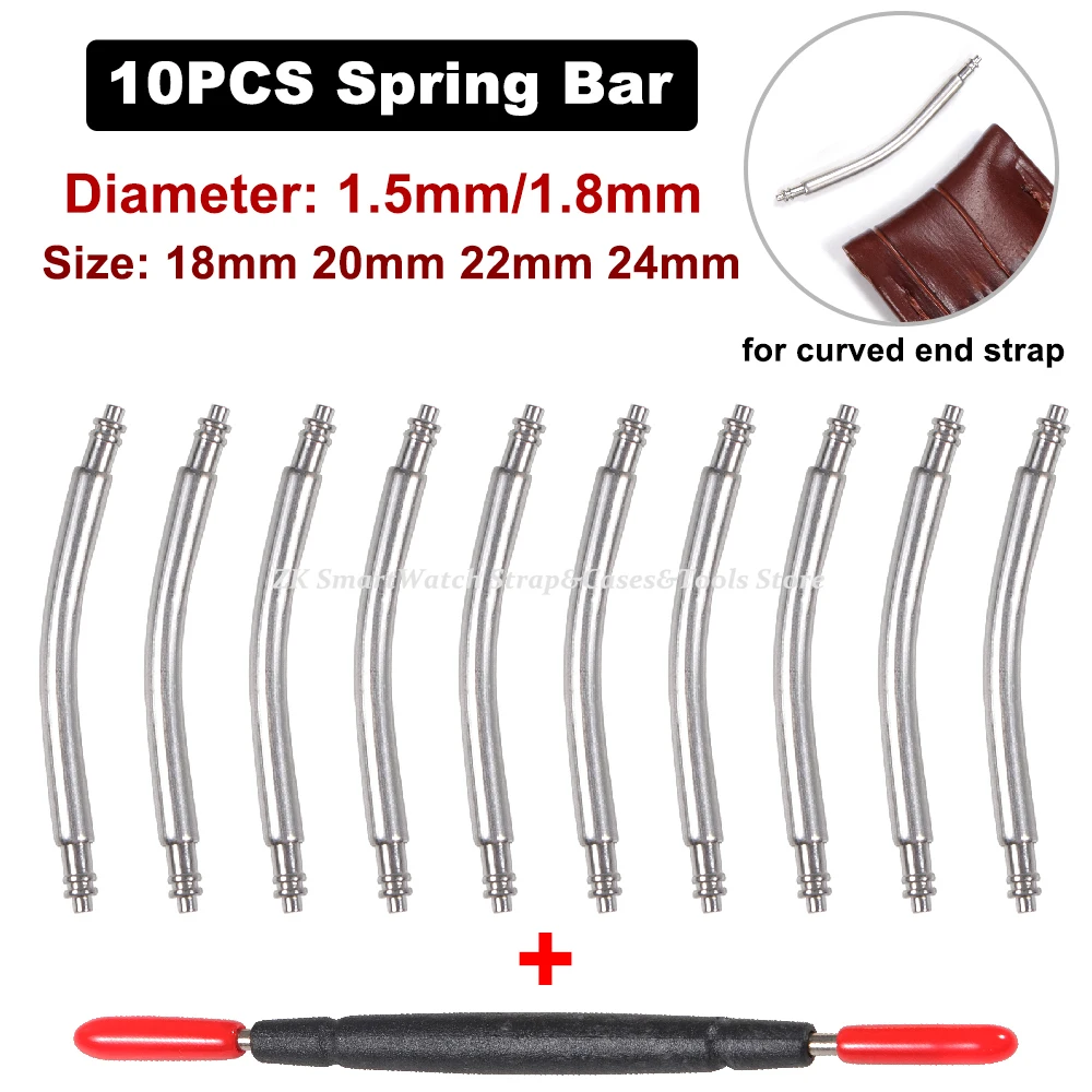 10PCS Curved Spring Bar Dia 1.5mm/1.8mm Watch Strap Link Pins Fits Width 18/20/22/24mm Stainless Steel Arc Watch Band Link Tools