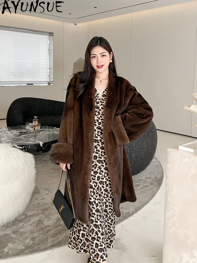 AYUNSUE 2025 벨벳 밍크 모피 코트 여성용 V 넥 럭셔리 전체 밍크 겨울 모피 코트 여성 의류 고품질 Кофта С Мехом