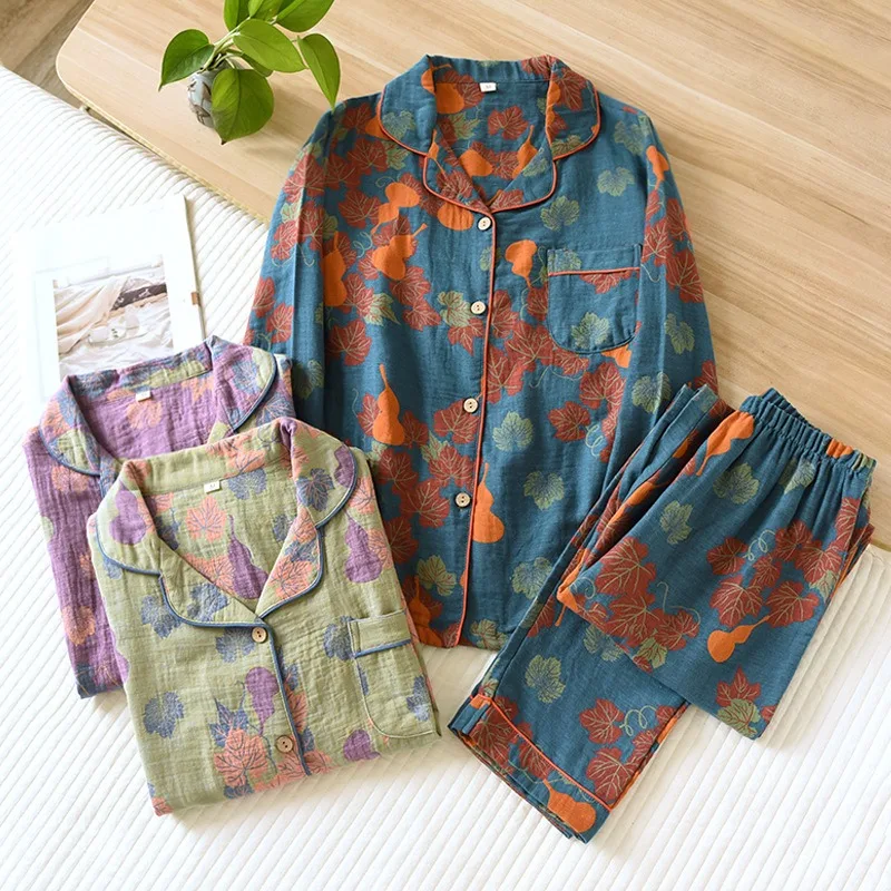 New Spring Autumn Women\'s Lapel Casual Pajamas Set 100% Cotton Crepe Woven Jacquard Vintage Long Sleeve Pants 2 Piece Home Suit