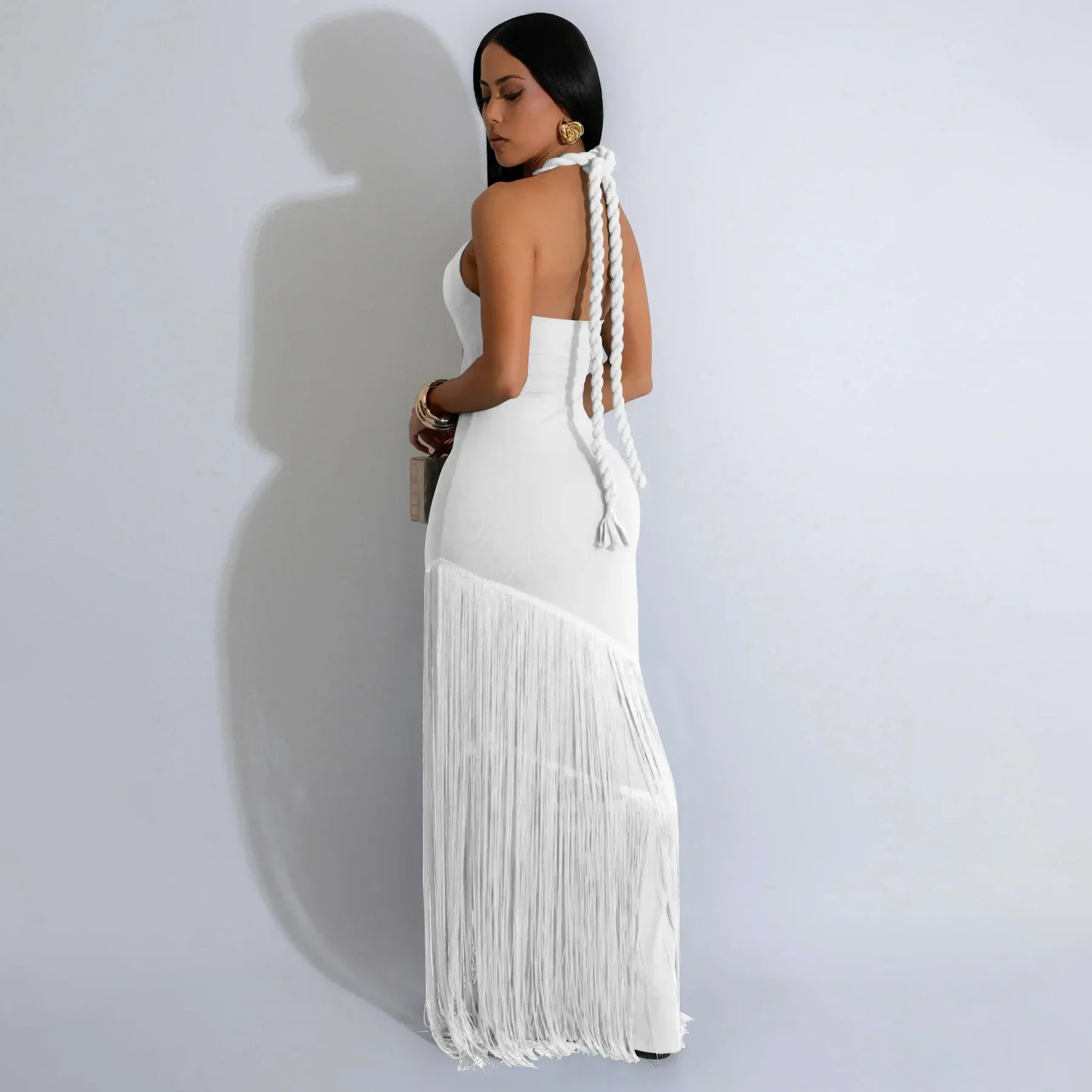 Sexy halter sem costas borla bodycon azul maxi vestido para mulheres elegante celebridade festa de aniversário noite baile formal robe