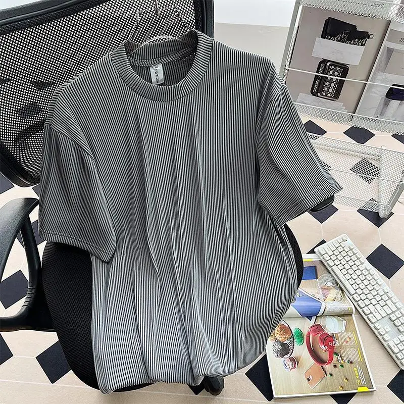 2024 New Summer Fashion Niche Simple Loose Casual Oversized Round Neck Pit Stripe Solid Color Versatile Men\'s Trend T-shirt