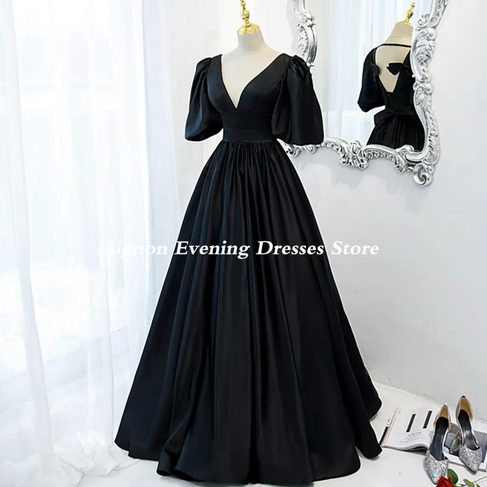 Mignon Satin A-line Prom Gown V-Neck Evening Cap Straps Floor-length Ruffle Formal BowElegant Party Dress for Women 2023