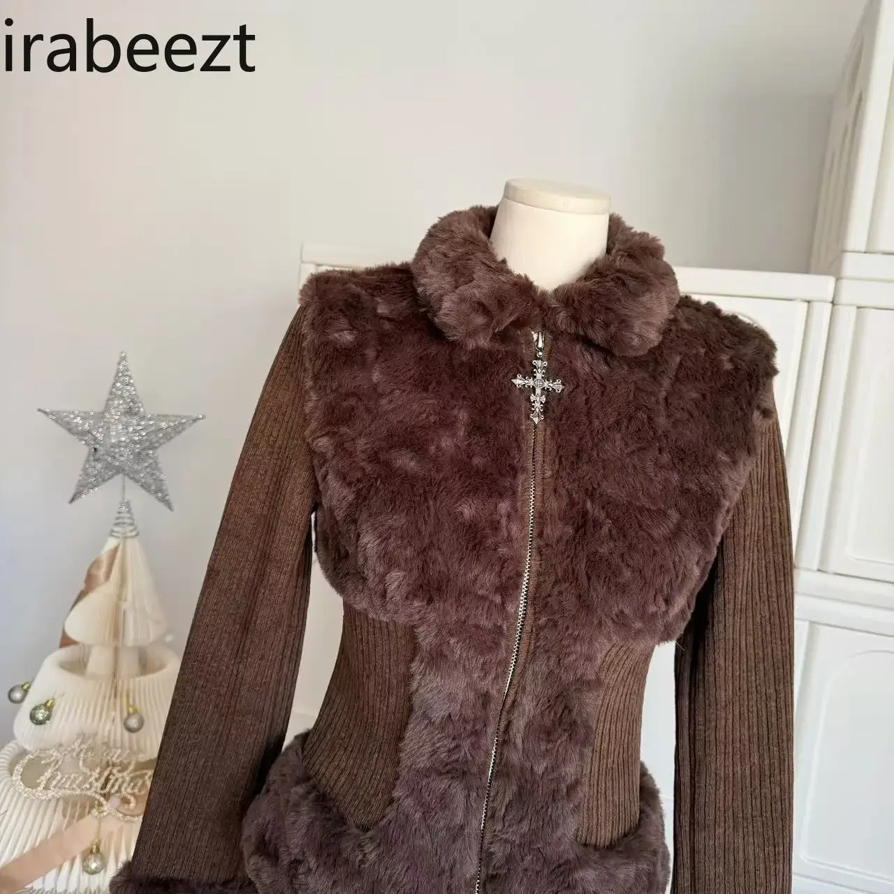 Brown Small Lapel Cross Zipper Vintage Jacket Patchwork Fur Top Chaleco Mujer Invierno 2024 Casaco Feminino Short Caot