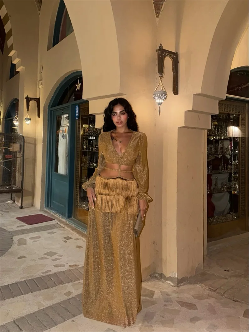 Luxury Golden Shiny Prom Dress V Neck Full Sleeves Hallow Tassel Long Party Gown Formal Bridal Wedding Birthday Evening Robe