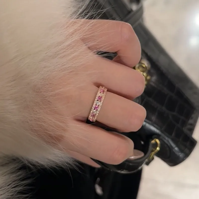 Sweet style copper plated material Hollow Full Circle Single Row Pink Crystal Shiny Engagement Ring Fashion Romantic Jewelry