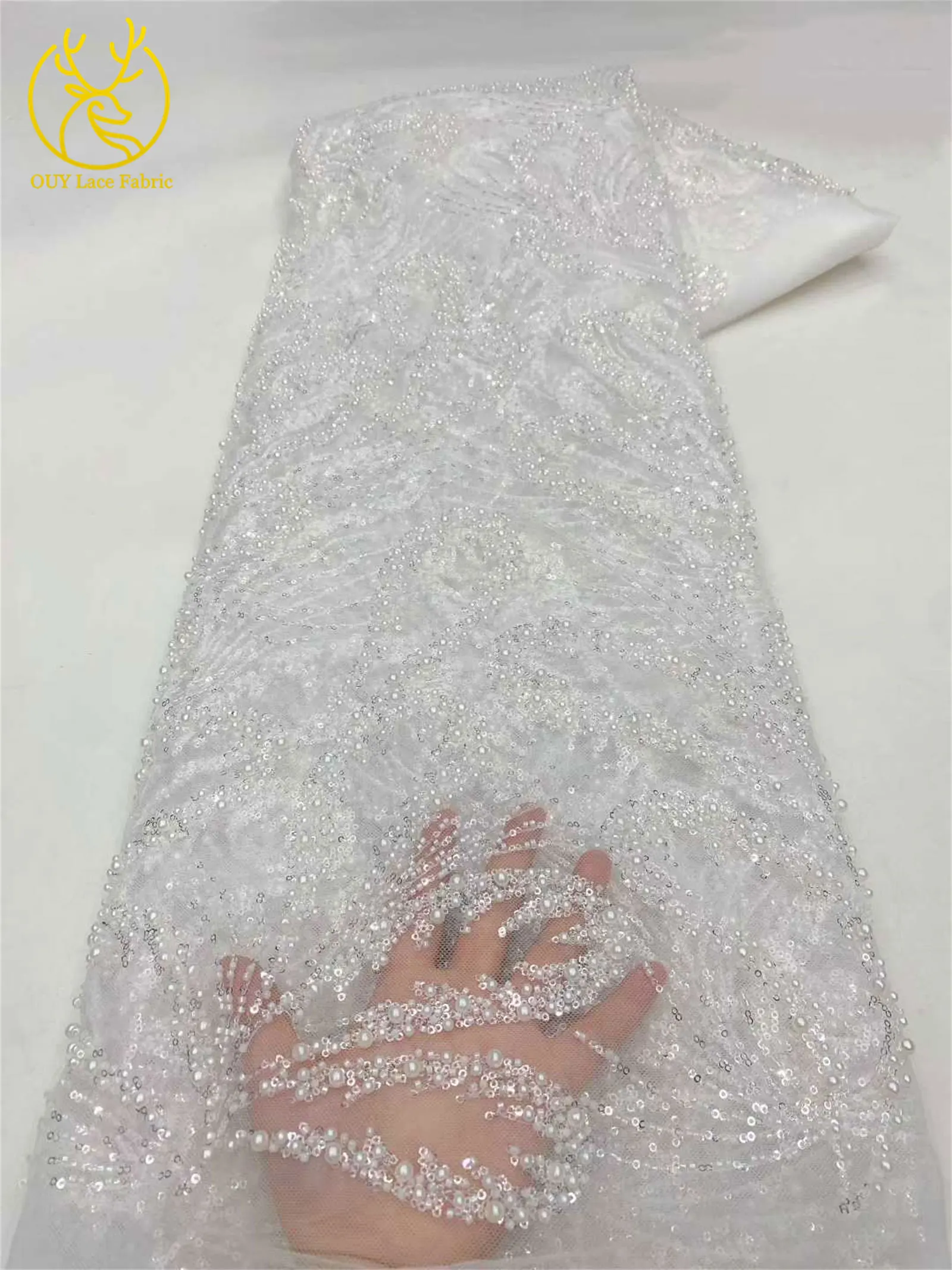 2025 Hot-selling New Luxury French Handmade Beaded Embroidery Lace Fabric African Nigerian Sequin Fabric Wedding Dress Fabric