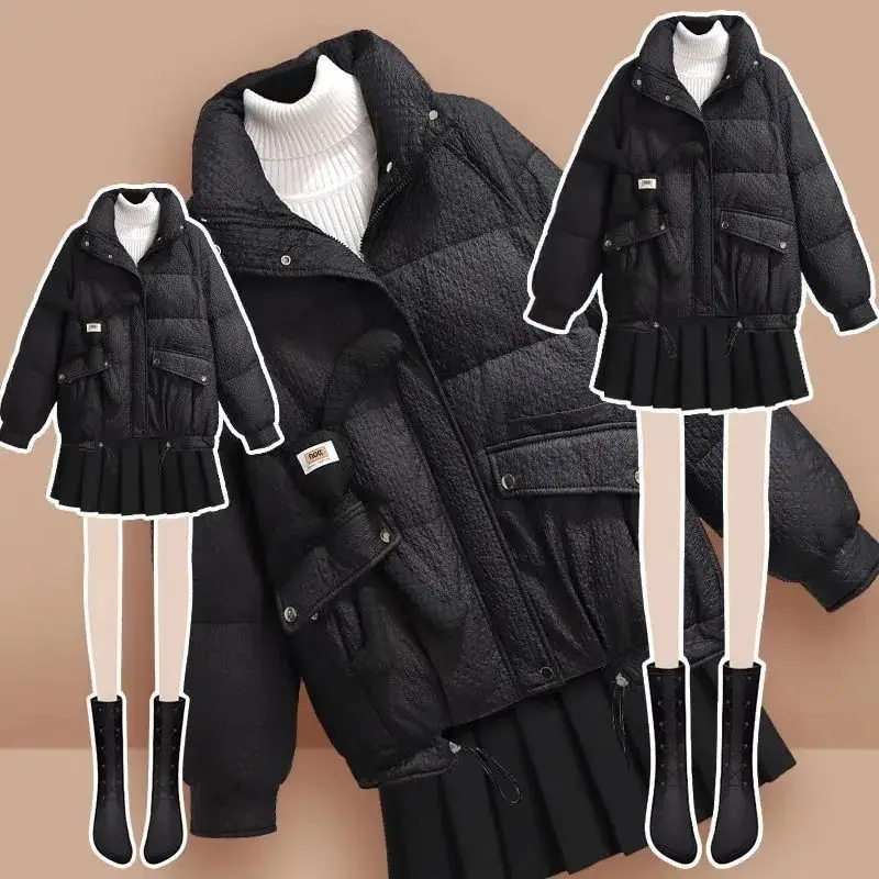 Women's Autumn/Winter Single/Set New Standing Down Cotton Coat High Collar Sweater Versatile Pleated Half Skirt Three Piece Set