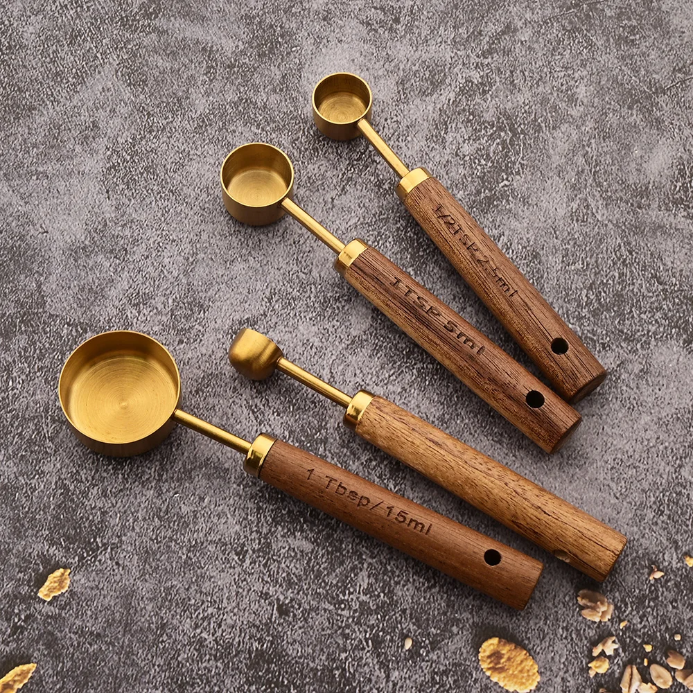 D2 Gold Wooden Handle Stainless Steel Measuring Cups Spoons Baking Tools Coffee Measuring Spoon Set Bartending Scale Accessories