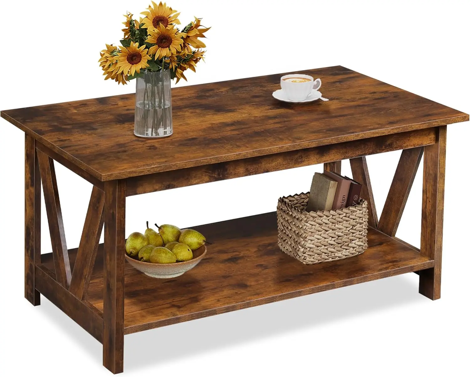 

Coffee Table with Storage Shelf, 39.4inch Farmhouse Coffee Table with V-Frame Support, 2-Tier Wood Rustic Center Table