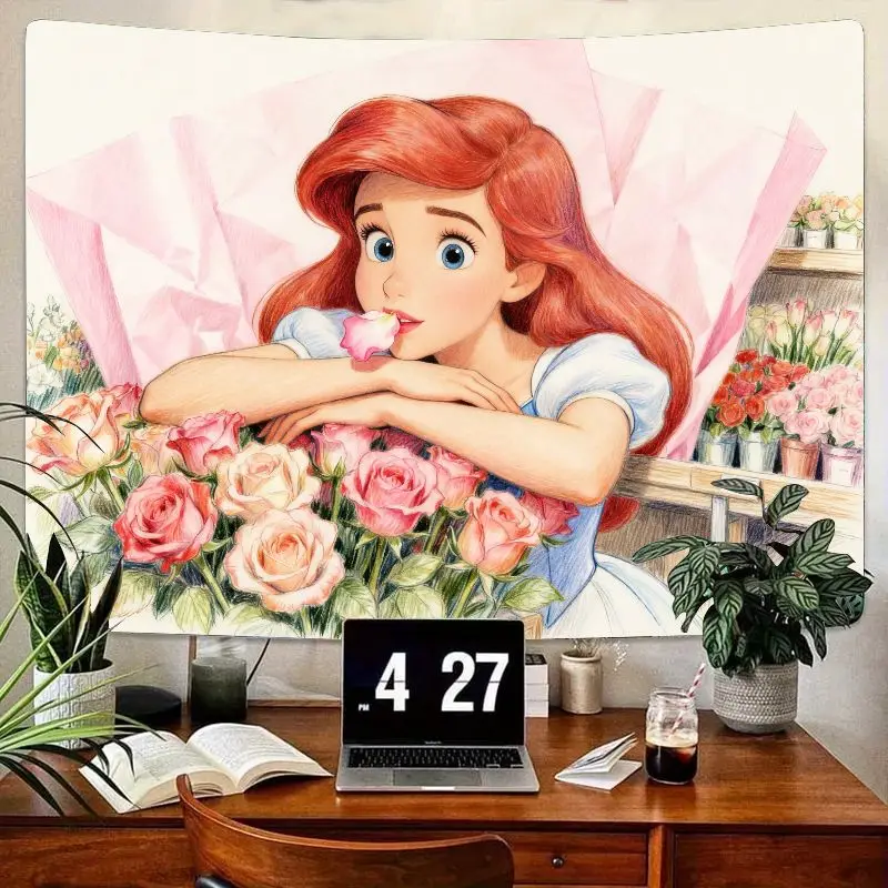 

1 шт., гобелен с изображением Русалки Диснея, розовой розы, кавайный подарок, современный полиэстер, настенное искусство, декор для гостиной, спальни для фанатов