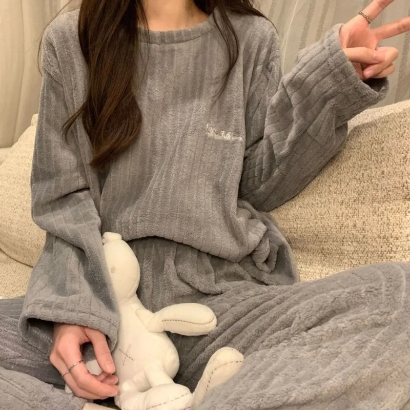 Casual Sleepwear Women Pajama Sets Winter Warm Piiama Fleece Night Wears Sets for Women 2 Pieces Embroidery Solid Home Suit 2024