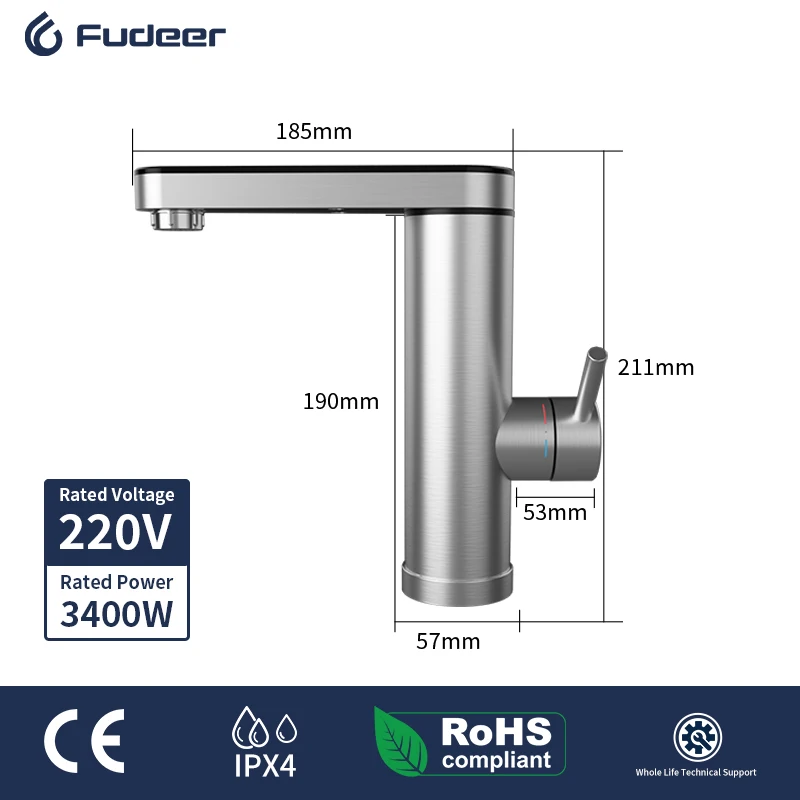 Fudeer 3400W 220V Electric Kitchen Water Heater Tap Instant Hot Stainless Steel Water Faucet Heater Cold Heating Faucet
