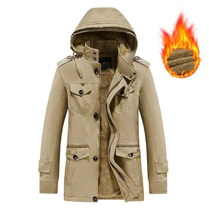 

Thiened Pure Cotton Jaet for Men Winter Outdoor Workwear Casual Hooded Coat Breathable Warm Mid-Length Zipper Closure
