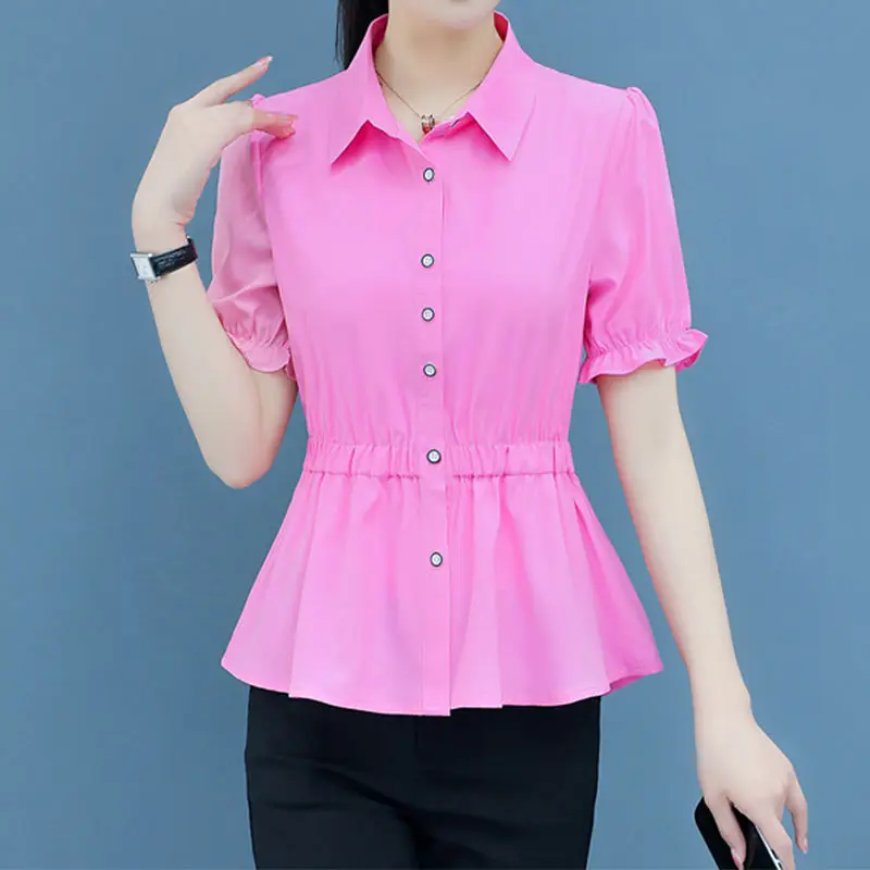 2024 Summer Short Sleeve Solid Color Waist Shirt Women Commuter Slim All-match Polo-Neck Button Blouse Elegant Female Clothing