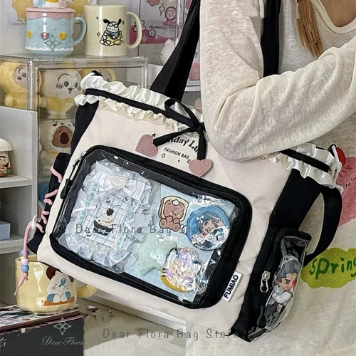 Imagen 2 del producto Nuevo bolso de hombro Y2k dulce, bolso de mano transparente para chica Lolita, bolso cruzado con lazo de encaje de gran capacidad para mujer, bolso bonito con exhibición DIY