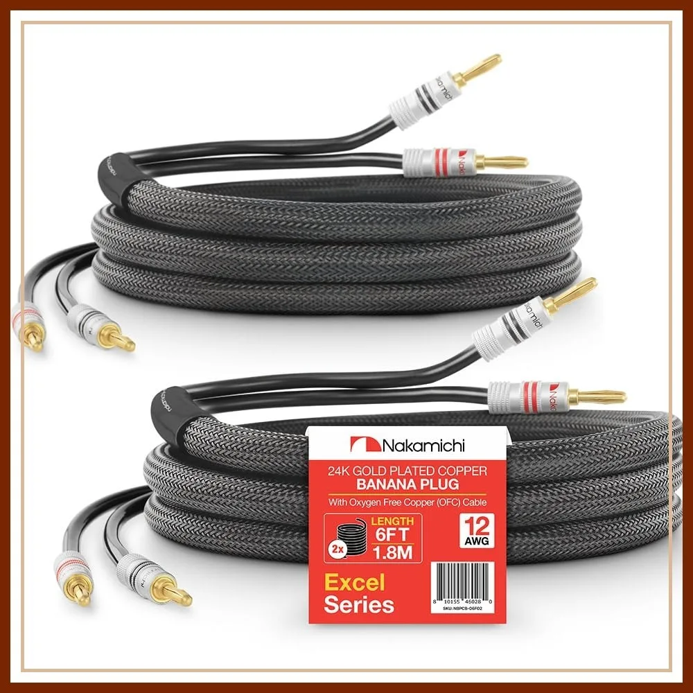 

6ft 12AWG Banana Plug Speaker Cable Wire, 99.9% OFC Heavy Duty Braided, CL2 Rated - 2-Pack