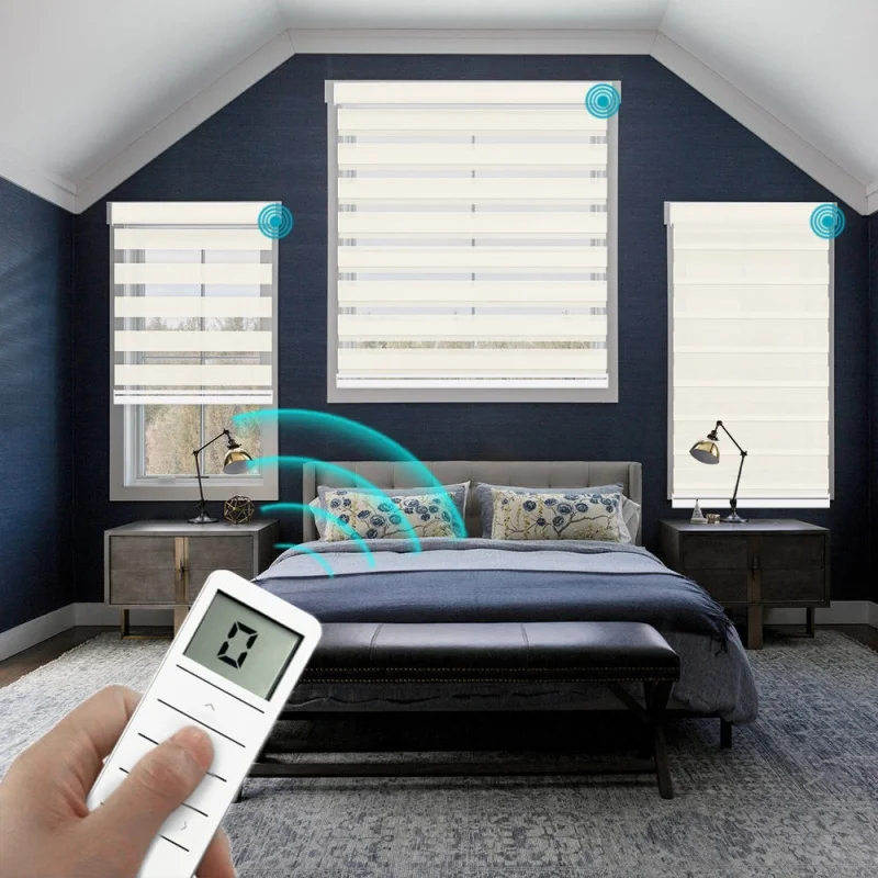 2026 Customizable Terylene fabric Smart WiFi Intelligent Control Apple Homekit Battery Motor Motorized Zebra Blind For Windows