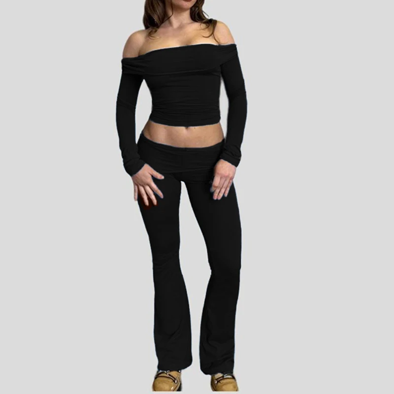 CIBBAR Casual Solid Fitness Pants Two Piece Sets Women Off-shoulder Tube Crop Top And Low Rise Jogging Pants Matching Suits Lady