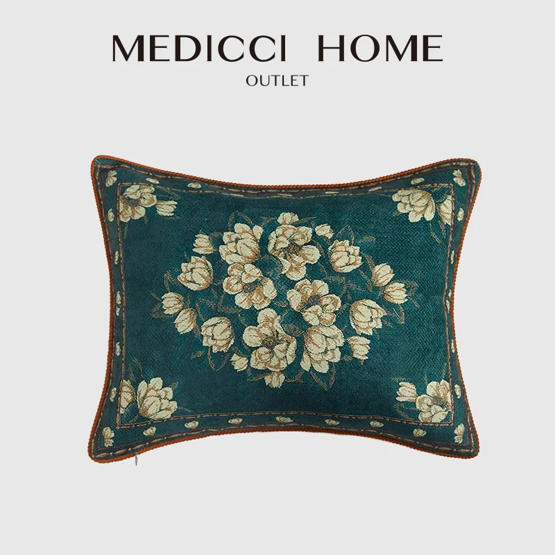 Medicci Home French Retro Style Floral Teal Scatter Cushion Cover Luxury Chenille Textured Lumbar Pillowcase 35x45 For Farmhouse
