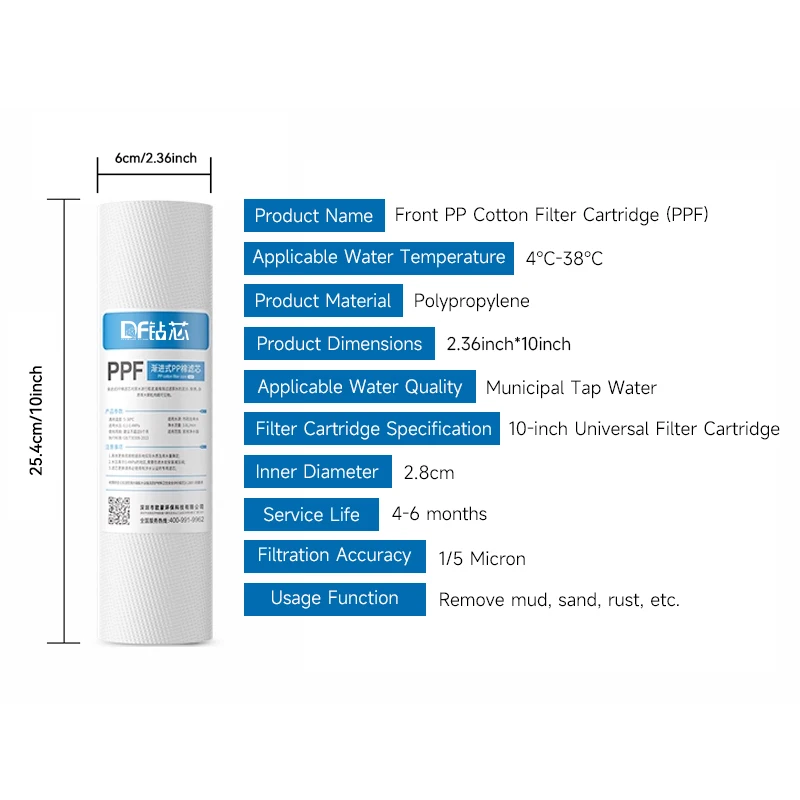 10 بوصة PP القطن 5 ميكرون خرطوشة تصفية المياه الرواسب مادة البولي بروبيلين نظام تنقية المياه 2 قطعة