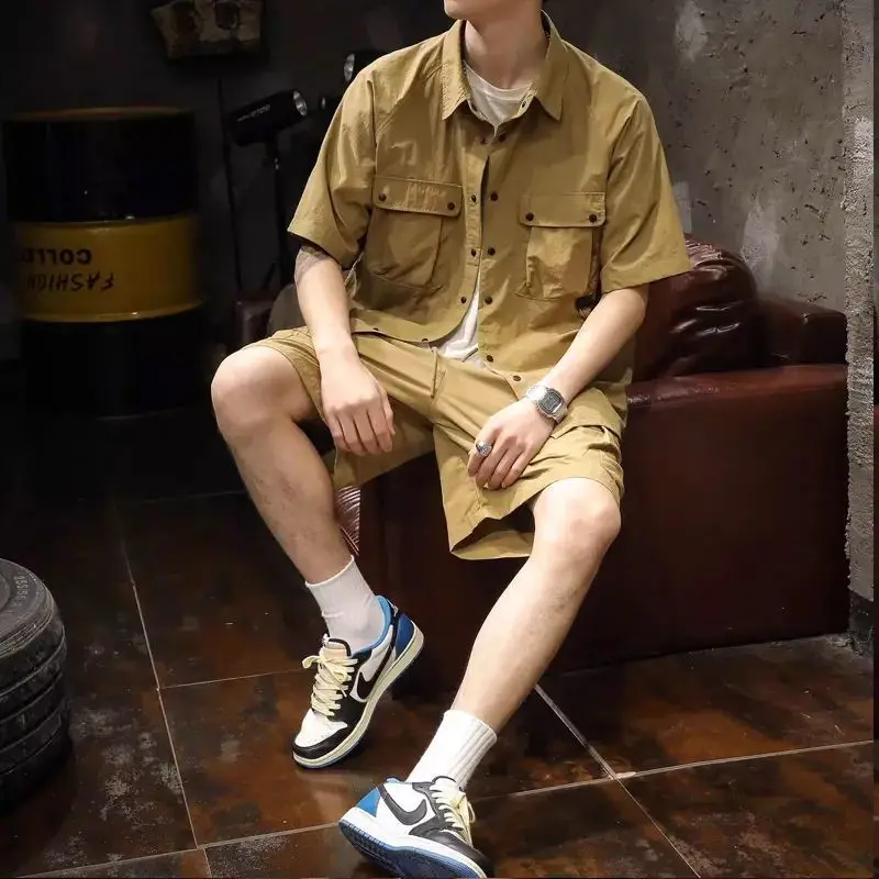 No Logo Khaki Man Sets Fashion 2025 Chic Aesthetic Loose Original Brands Essential Outfits Basic Tee Shirts Shorts Suits for Men