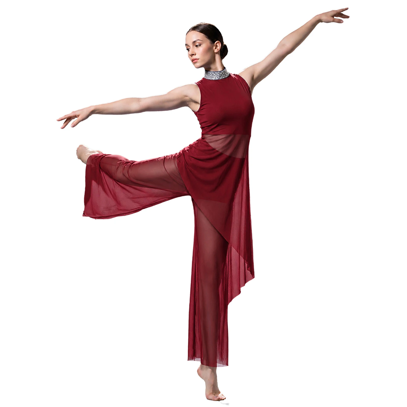 Women Modern Lyrical Dance Ballet Skating Gymnastics Performance Costume Shiny Rhinestone Side Slit Mesh Top with Wide-leg Pants