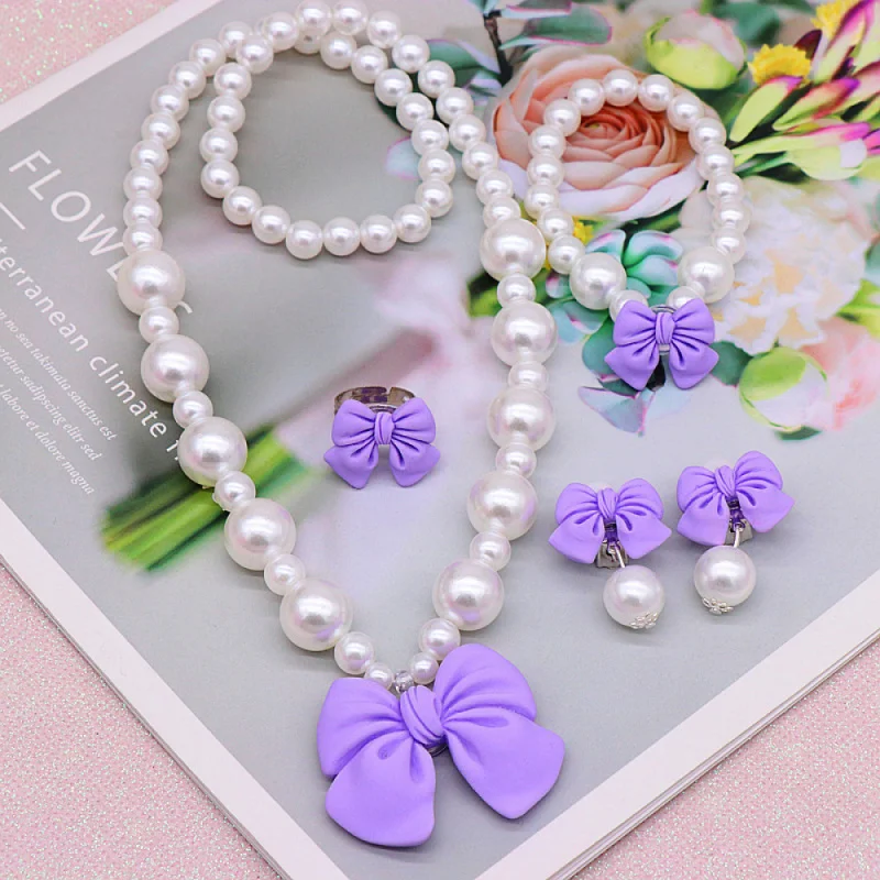 Children's Cute Bow Pearl Necklace Bracelet Earrings Set