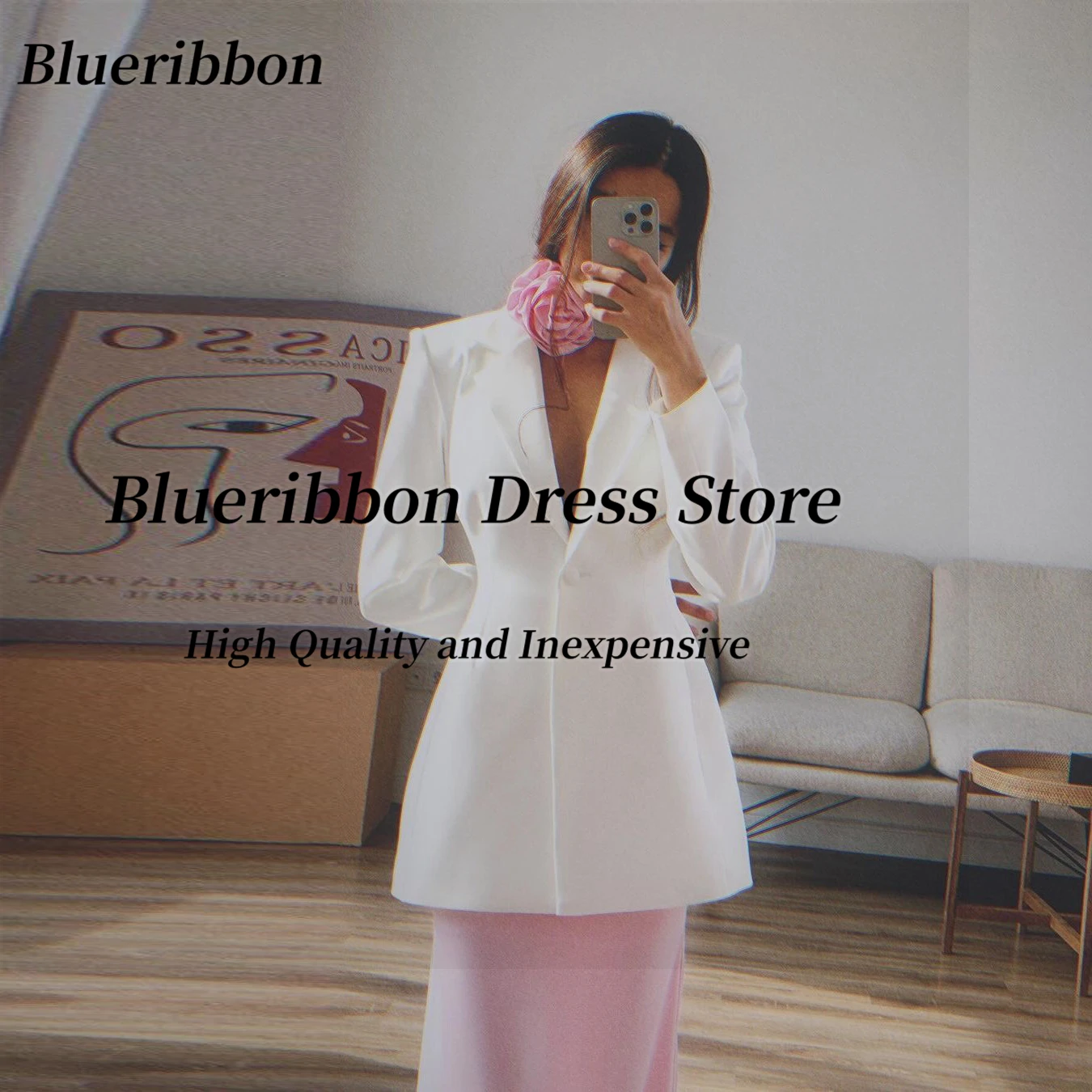 Blueribbon Two Pieces Evening Dresses 2024 Lapel V Neck Buttons Formal Occsion Dress Long Sleeves Prom Party Gowns