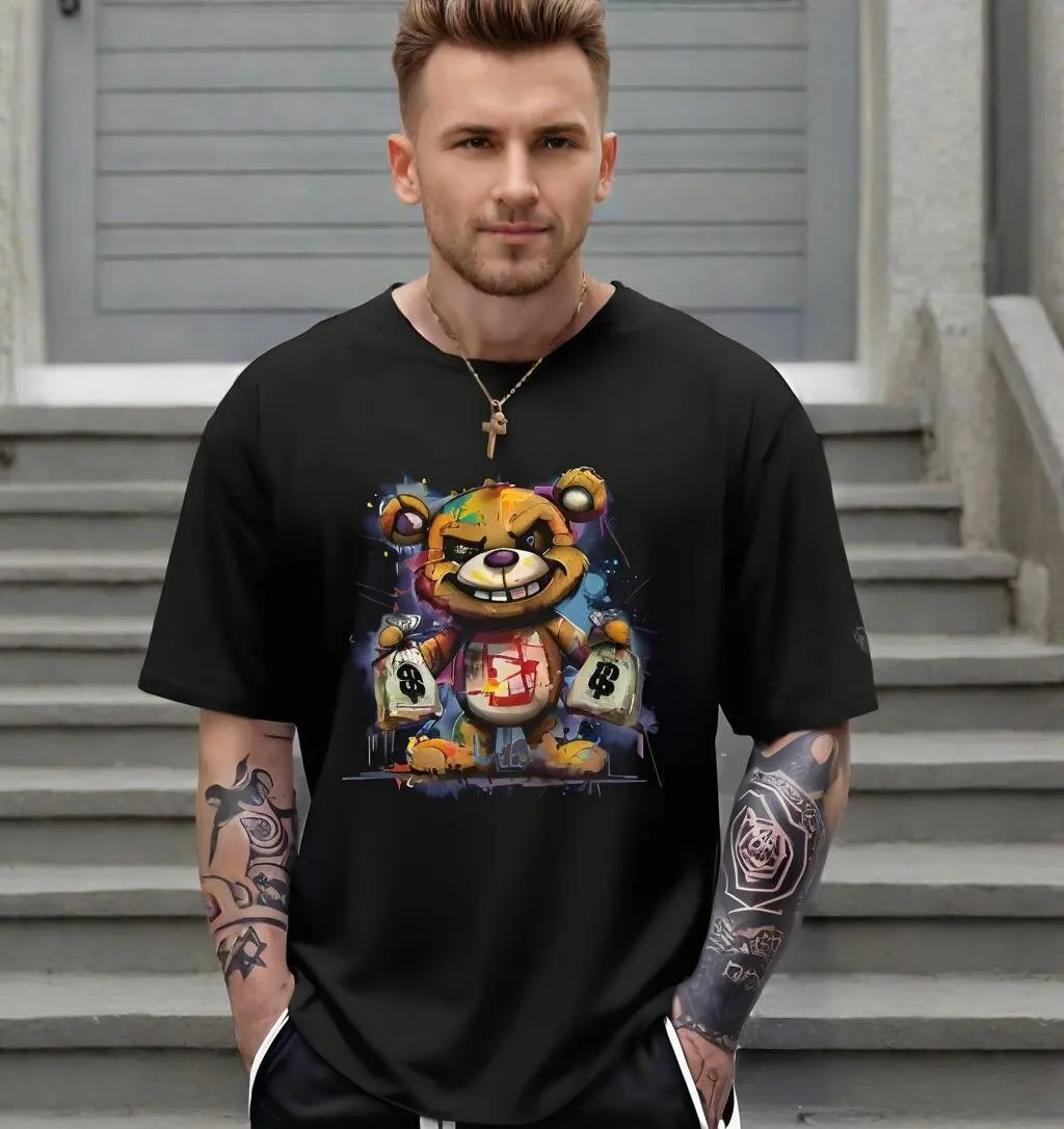 Men's round neck short sleeved fashionable T-shirt, 100% polyester fiber, large size, cartoon bear print, tight fitting, casual,
