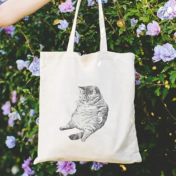 

Cute Shoulder Bag Relaxed Chonky Cat Pencil Sketch Canvas Tote Bag Handbag Cat Mom Cat Lover Reusable Grocery Bag for Daily Use