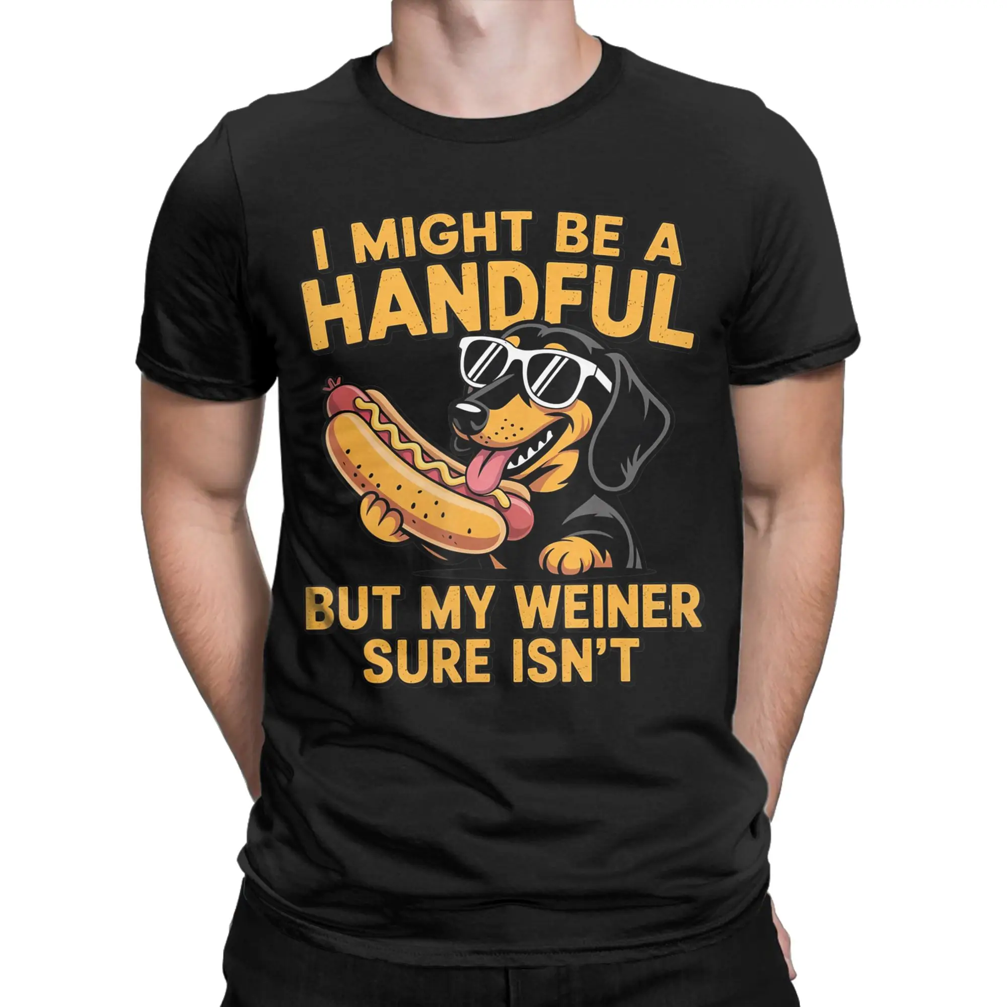 I Might Be A Handful But My Weiner Sure Isn't Cotton T Shirt For Adult Summer  Y2K T Shirts Novelty Tees Oversize Printed Tops