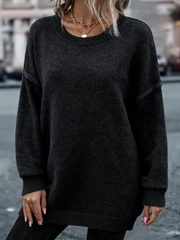 Plus-Size Women's Long Crew-Neck Knit Sweater 4 Plus‑size women's pullover sweater for autumn and winter, comfortable, skin‑friendly, stylish long crew‑neck sweater 4