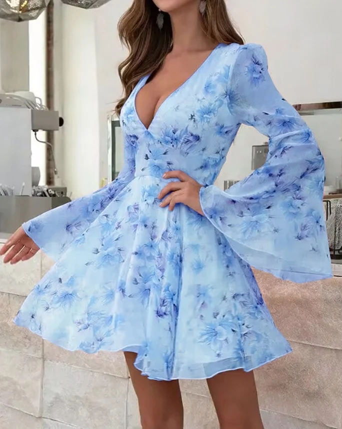 

Spring New Female Casual Floral Print Bell Sleeve Plunge Dress Temperament Commuting Women's High Waist Elegant A Line Dresses