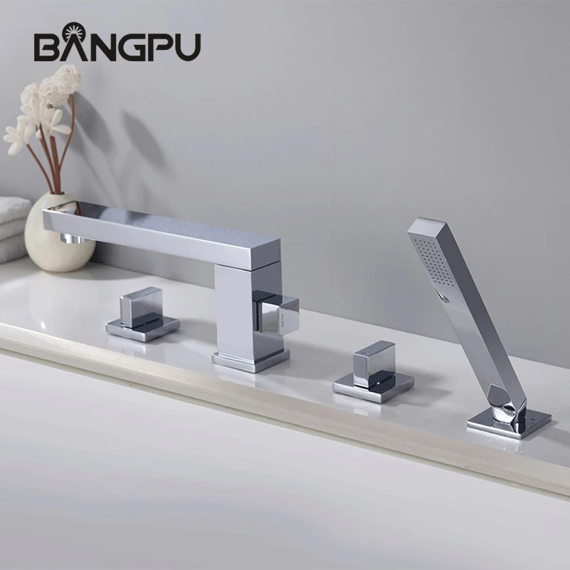 

Modern 4 Hole Roman Bath tub Faucets Combo Set with Handheld Shower Deck Mounted Bathroom Tub Faucet Set with Sprayer Chrome