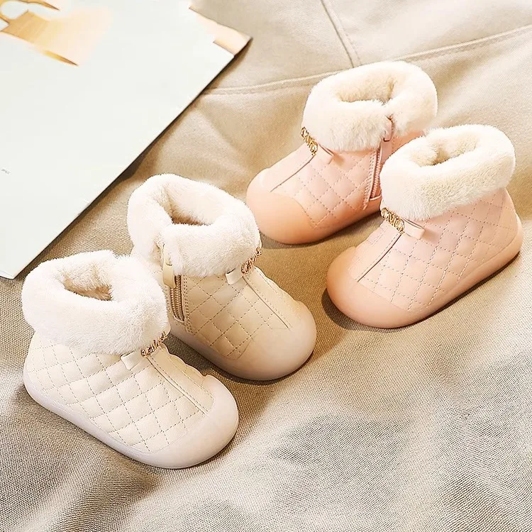 2026 Winter Baby Girls Snow Boots Warm Plush Children Outdoor Shoes Soft Sole Non-slip Infant Shoes Kids Cotton-padded Shoes