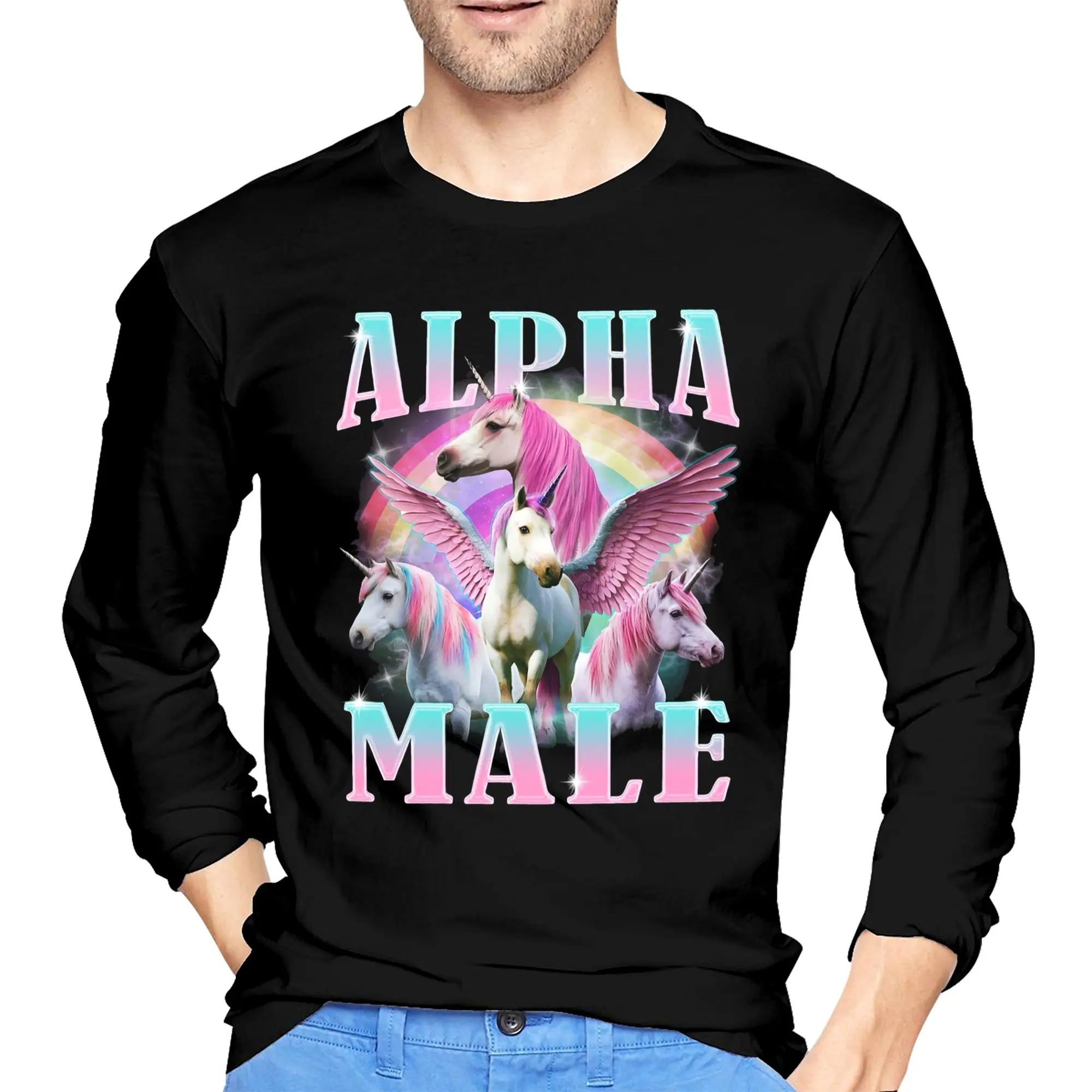

Alpha Male Unicorn Funny Meme Мужская футболка с длинными рукавами Модные футболки с круглым вырезом Весенние и осенние мужские топы